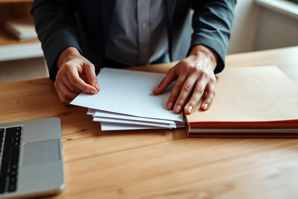 Mãos organizando documentos sobre uma mesa de escritório